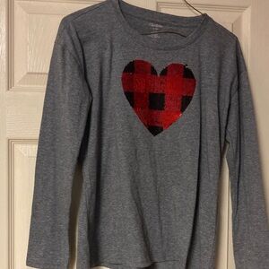 Gray Long Sleeve Tee with Red Plaid Heart